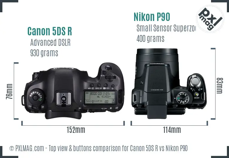 Canon 5DS R vs Nikon P90 top view buttons comparison