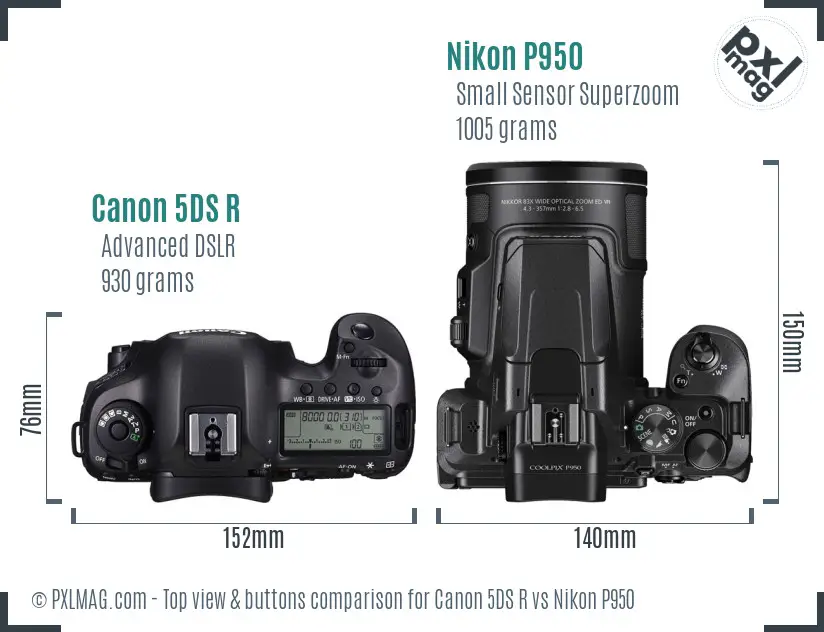 Canon 5DS R vs Nikon P950 top view buttons comparison