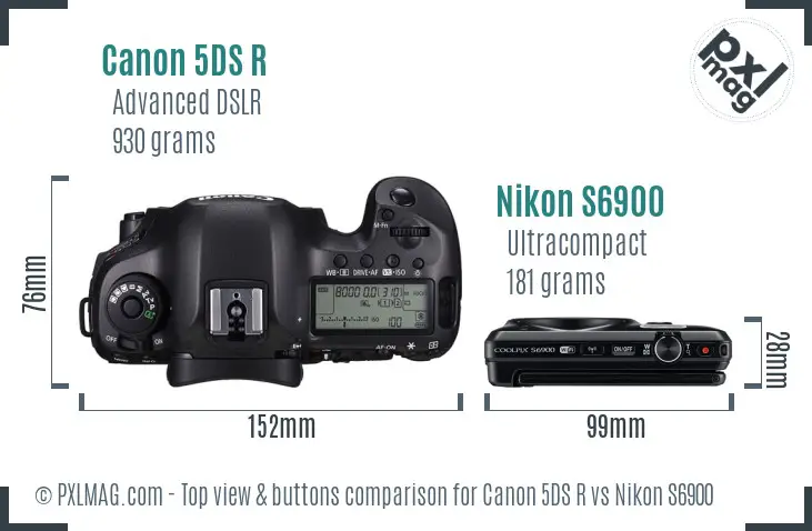 Canon 5DS R vs Nikon S6900 top view buttons comparison