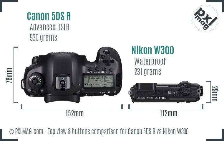 Canon 5DS R vs Nikon W300 top view buttons comparison
