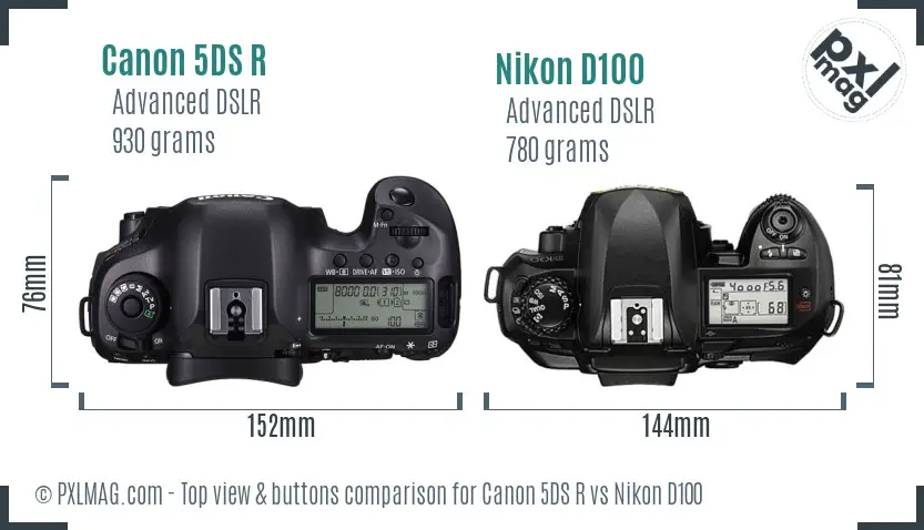 Canon 5DS R vs Nikon D100 top view buttons comparison