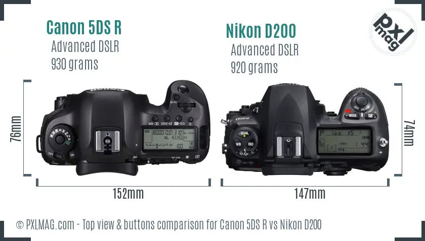 Canon 5DS R vs Nikon D200 top view buttons comparison