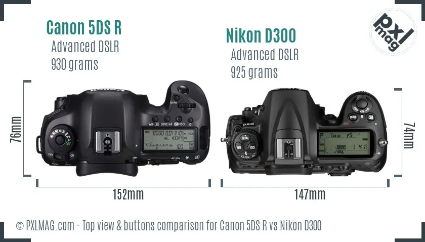 Canon 5DS R vs Nikon D300 top view buttons comparison