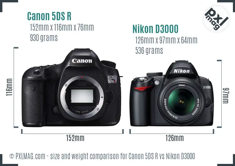Canon 5DS R vs Nikon D3000 size comparison
