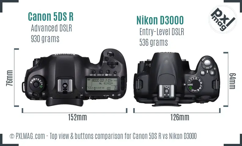 Canon 5DS R vs Nikon D3000 top view buttons comparison