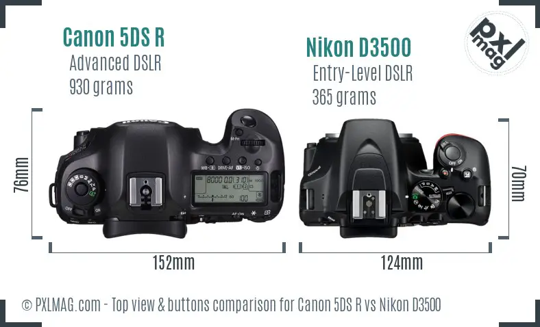 Canon 5DS R vs Nikon D3500 top view buttons comparison