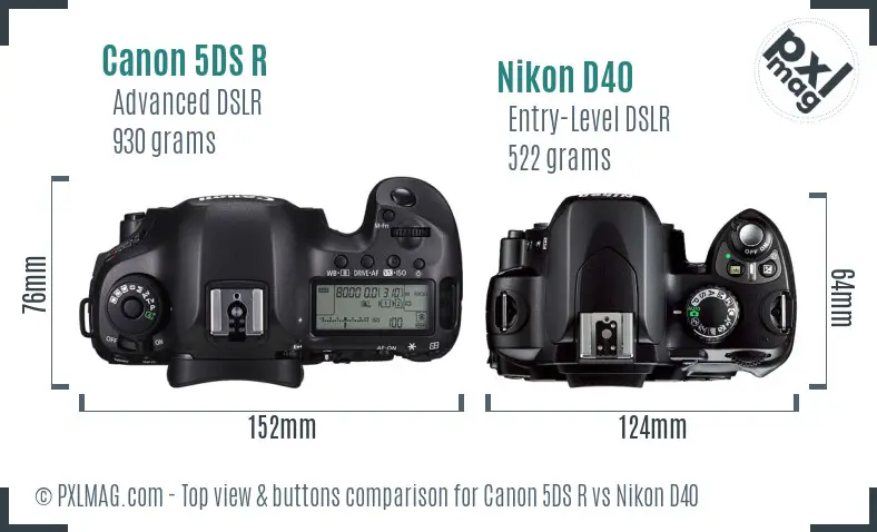 Canon 5DS R vs Nikon D40 top view buttons comparison