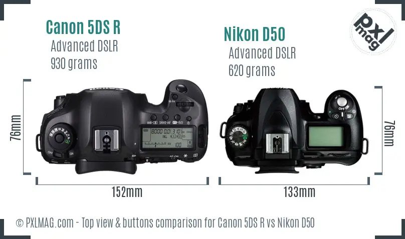 Canon 5DS R vs Nikon D50 top view buttons comparison