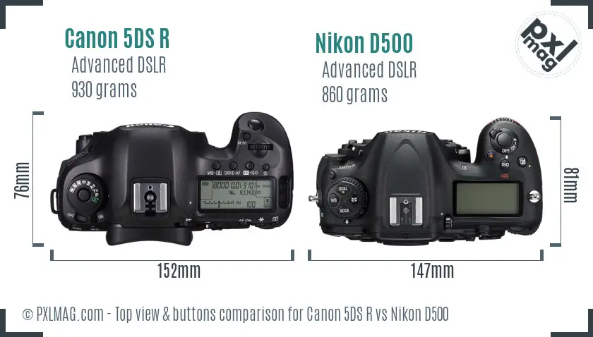 Canon 5DS R vs Nikon D500 top view buttons comparison