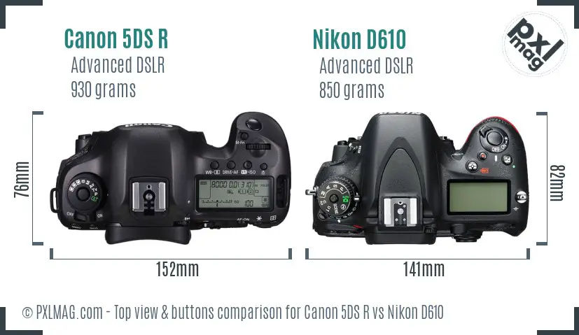 Canon 5DS R vs Nikon D610 top view buttons comparison