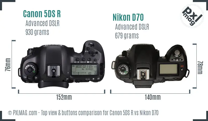 Canon 5DS R vs Nikon D70 top view buttons comparison