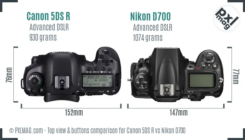 Canon 5DS R vs Nikon D700 top view buttons comparison