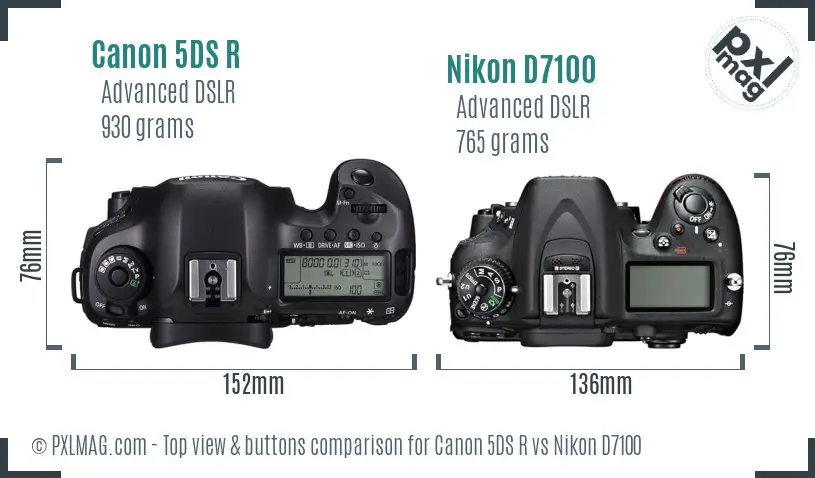 Canon 5DS R vs Nikon D7100 top view buttons comparison