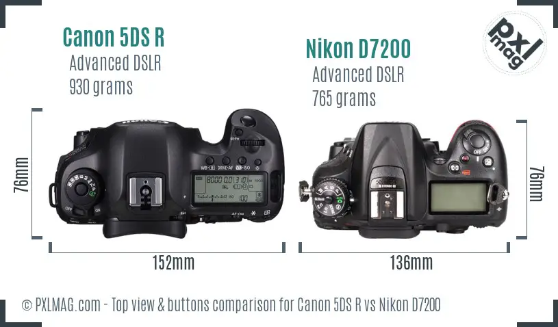 Canon 5DS R vs Nikon D7200 top view buttons comparison