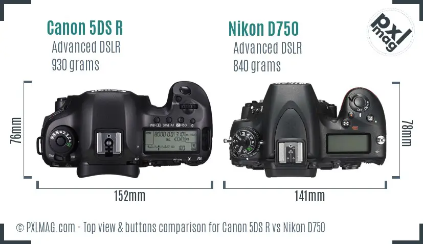 Canon 5DS R vs Nikon D750 top view buttons comparison