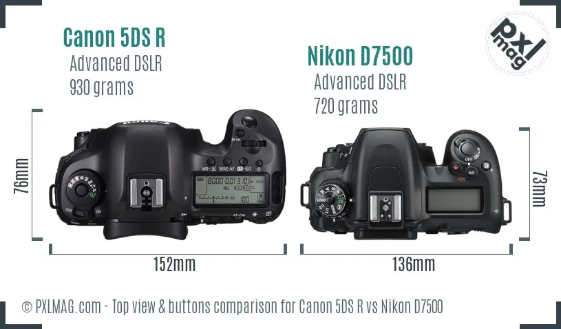 Canon 5DS R vs Nikon D7500 top view buttons comparison