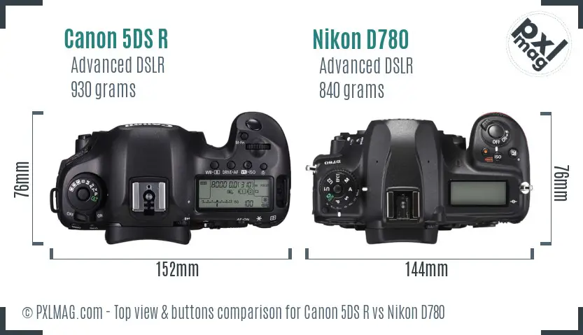 Canon 5DS R vs Nikon D780 top view buttons comparison
