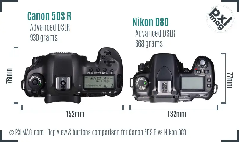 Canon 5DS R vs Nikon D80 top view buttons comparison