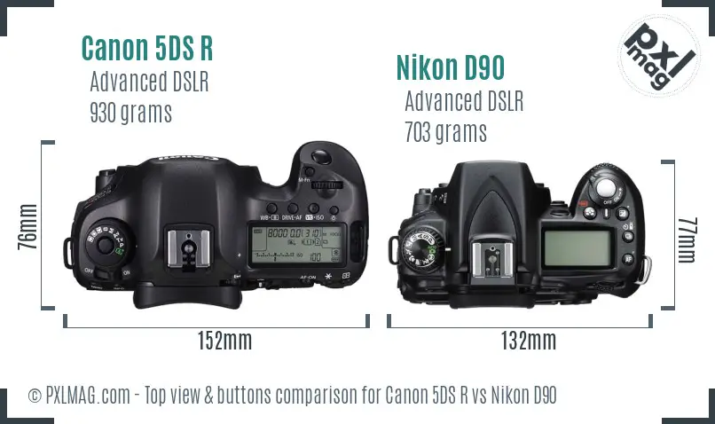 Canon 5DS R vs Nikon D90 top view buttons comparison