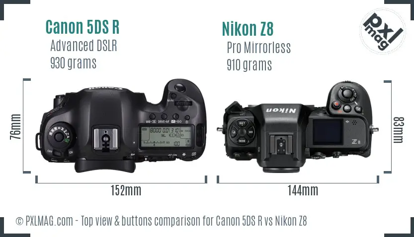 Canon 5DS R vs Nikon Z8 top view buttons comparison Canon 5DS R vs Nikon Z8 top view buttons comparison