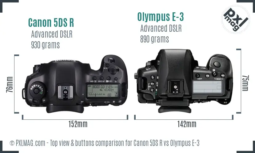 Canon 5DS R vs Olympus E-3 top view buttons comparison