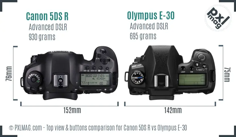 Canon 5DS R vs Olympus E-30 top view buttons comparison