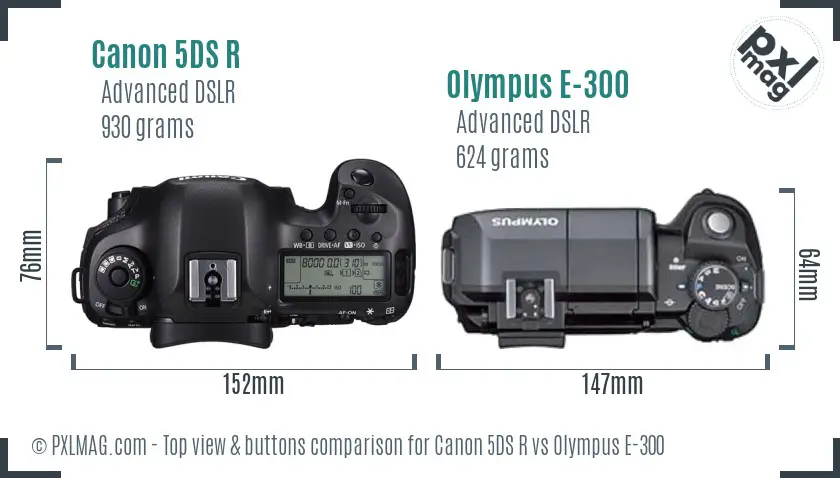 Canon 5DS R vs Olympus E-300 top view buttons comparison
