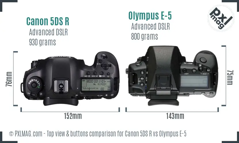 Canon 5DS R vs Olympus E-5 top view buttons comparison