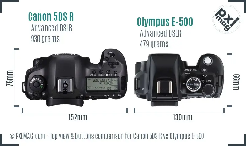 Canon 5DS R vs Olympus E-500 top view buttons comparison