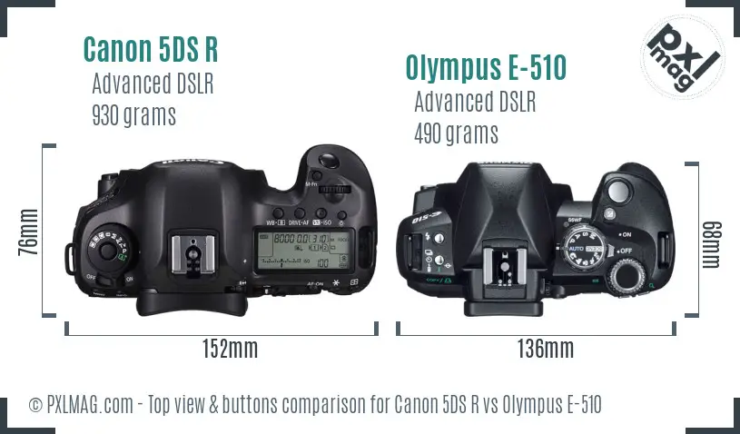 Canon 5DS R vs Olympus E-510 top view buttons comparison