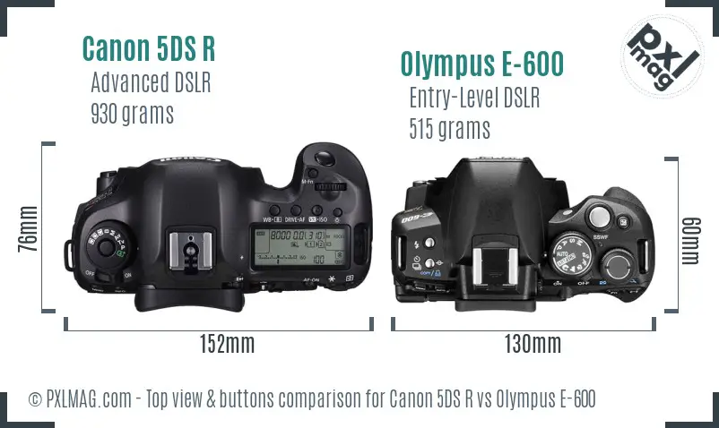 Canon 5DS R vs Olympus E-600 top view buttons comparison