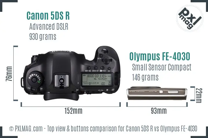 Canon 5DS R vs Olympus FE-4030 top view buttons comparison