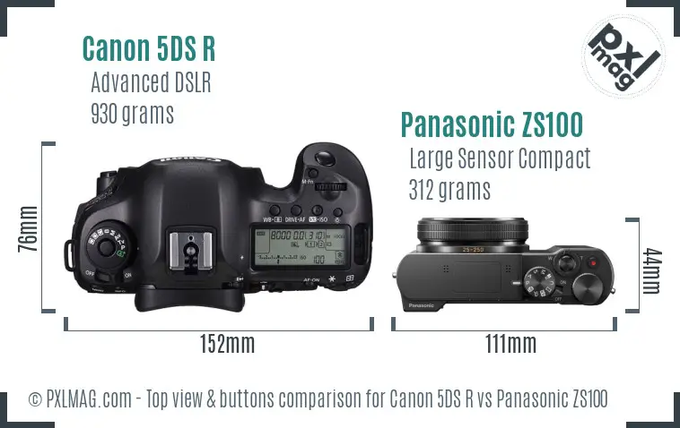 Canon 5DS R vs Panasonic ZS100 top view buttons comparison
