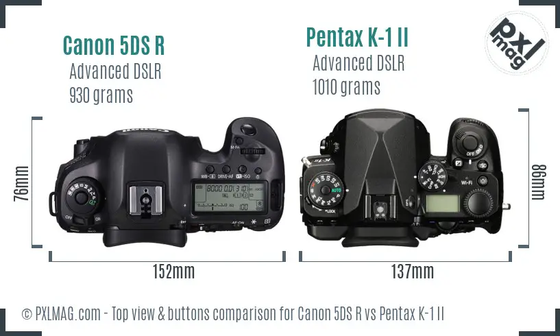 Canon 5DS R vs Pentax K-1 II top view buttons comparison