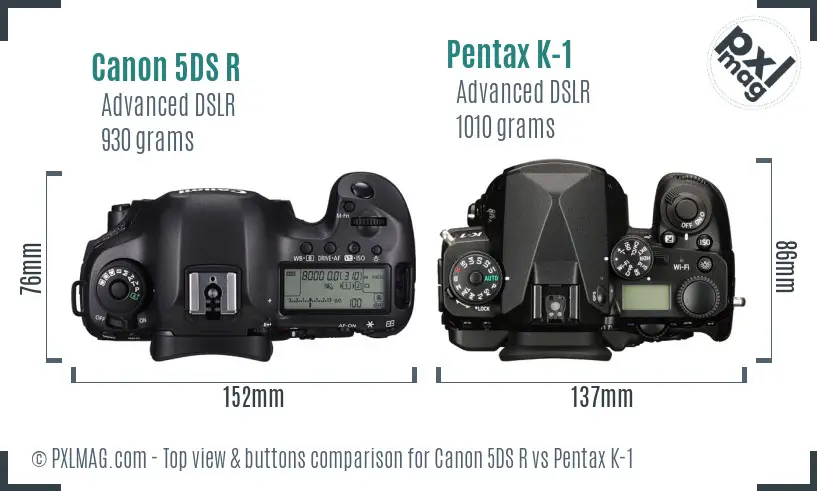 Canon 5DS R vs Pentax K-1 top view buttons comparison
