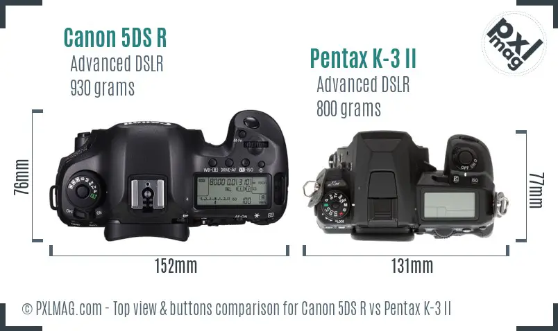 Canon 5DS R vs Pentax K-3 II top view buttons comparison