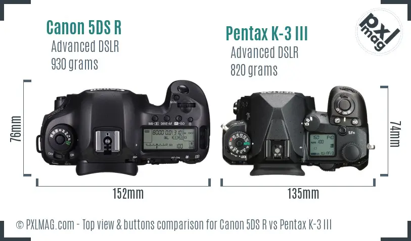 Canon 5DS R vs Pentax K-3 III top view buttons comparison