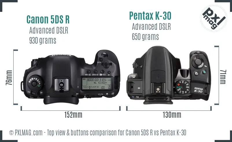 Canon 5DS R vs Pentax K-30 top view buttons comparison