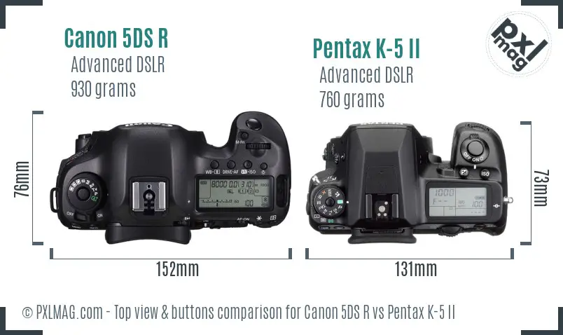 Canon 5DS R vs Pentax K-5 II top view buttons comparison