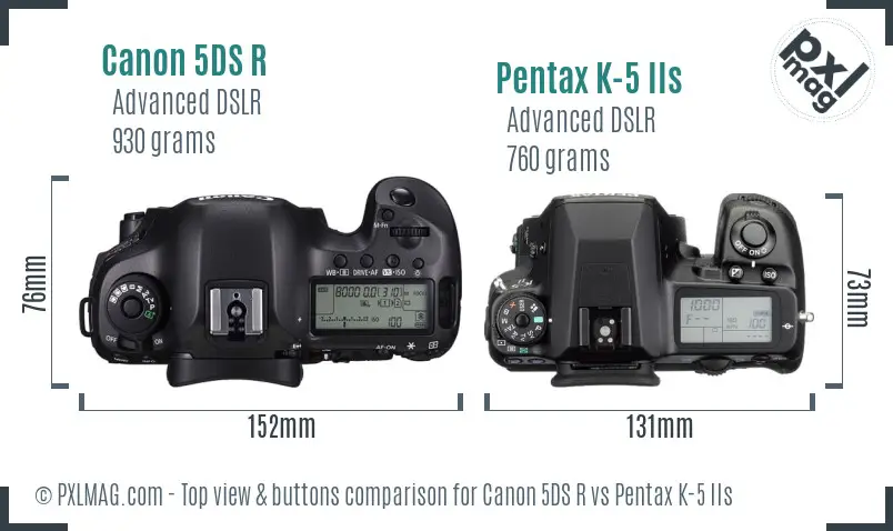 Canon 5DS R vs Pentax K-5 IIs top view buttons comparison