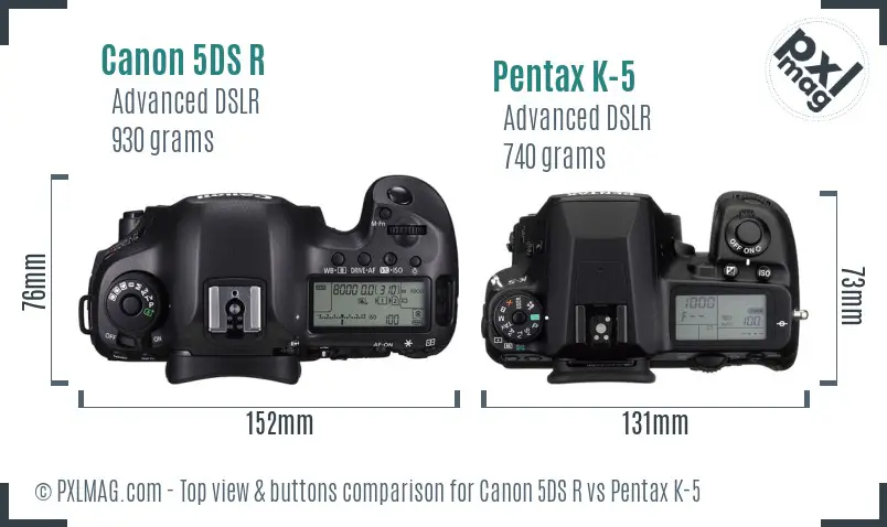 Canon 5DS R vs Pentax K-5 top view buttons comparison
