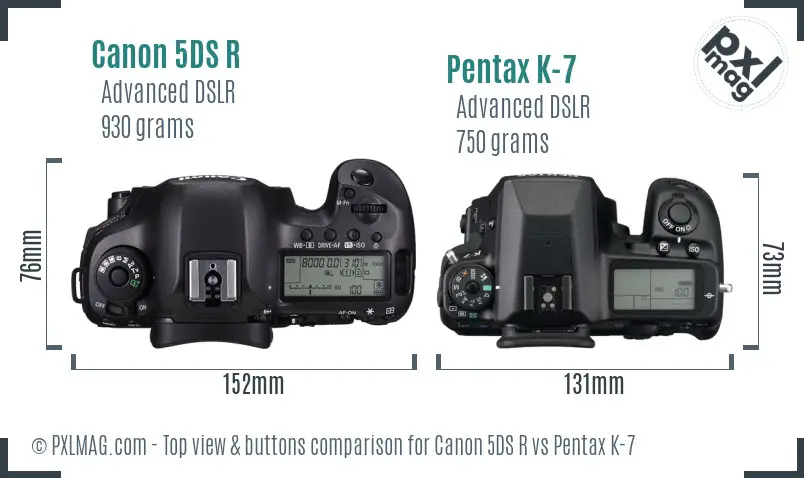 Canon 5DS R vs Pentax K-7 top view buttons comparison