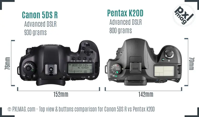 Canon 5DS R vs Pentax K20D top view buttons comparison