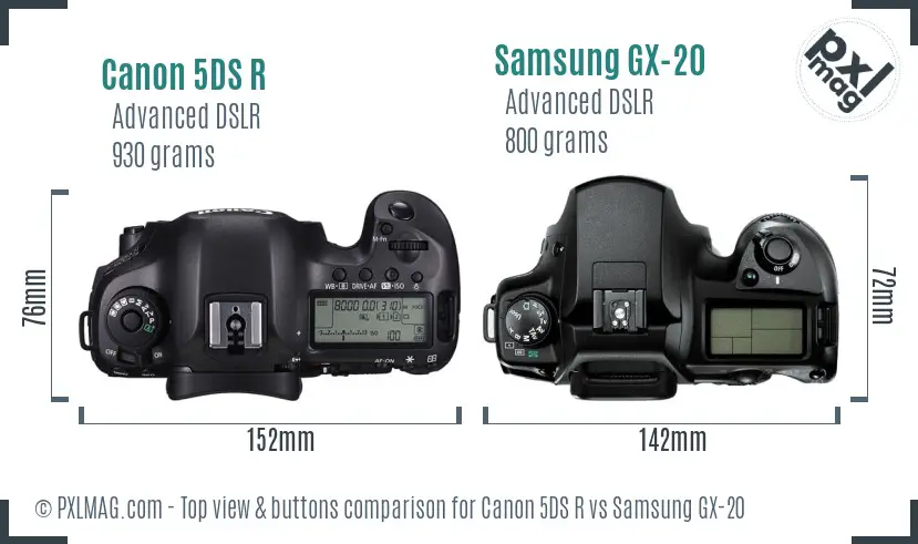 Canon 5DS R vs Samsung GX-20 top view buttons comparison