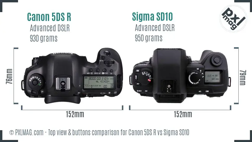 Canon 5DS R vs Sigma SD10 top view buttons comparison
