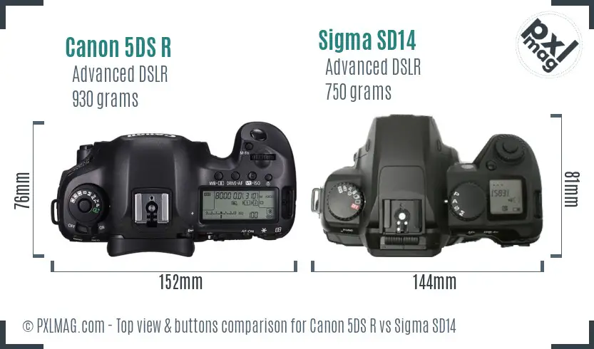 Canon 5DS R vs Sigma SD14 top view buttons comparison
