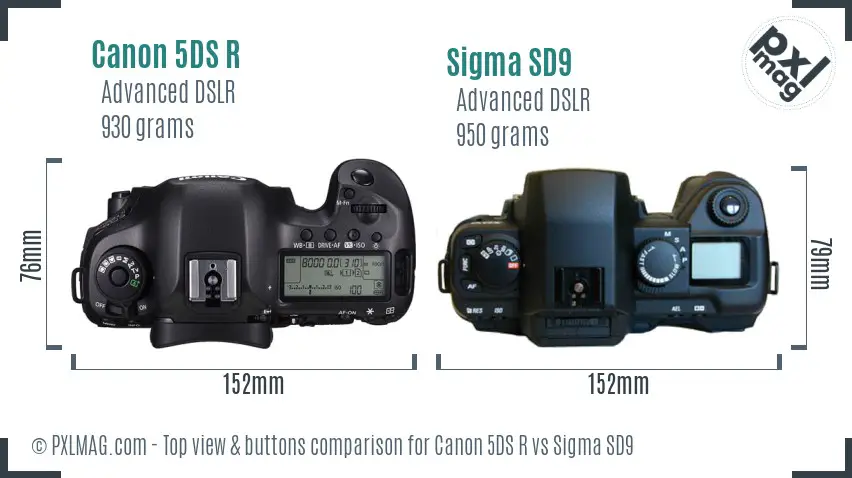 Canon 5DS R vs Sigma SD9 top view buttons comparison