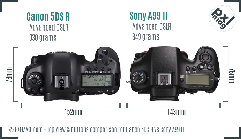 Canon 5DS R vs Sony A99 II top view buttons comparison