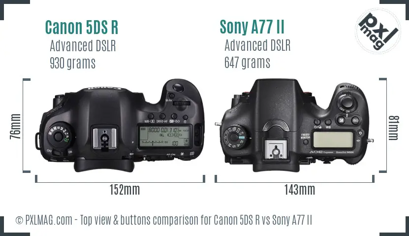 Canon 5DS R vs Sony A77 II top view buttons comparison