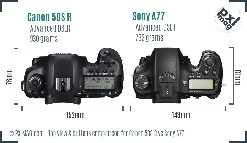Canon 5DS R vs Sony A77 top view buttons comparison